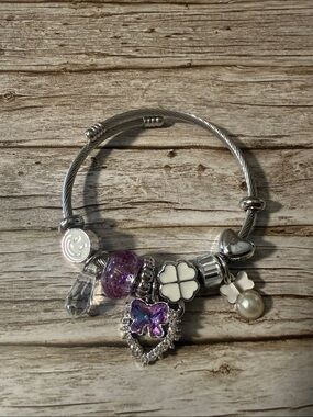 Silver Charm Bracelet with Butterfly, Clover, and Pearl Charms Stainless Steel